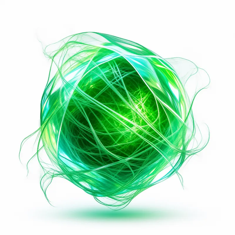 A luminous green sphere composed of fine fibers floats against a white background with bright highlights.