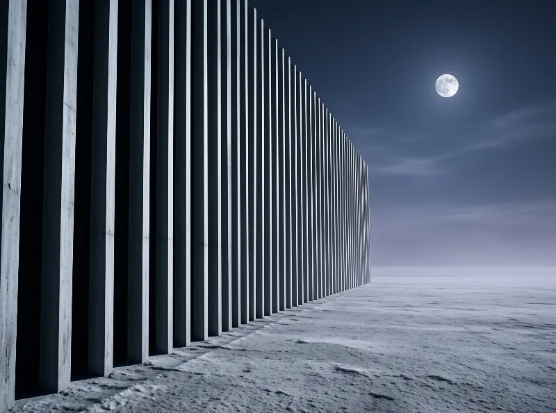 A row of tall vertical concrete slats runs along a flat pale salt flat under a dark indigo sky lit by a bright full moon