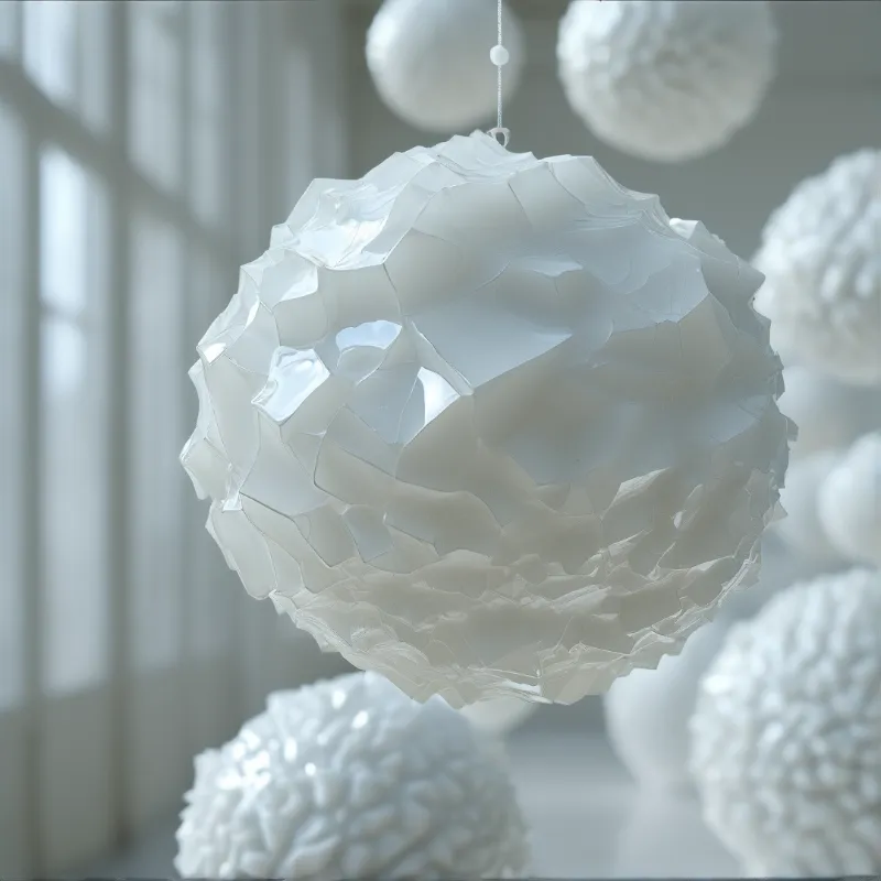 A translucent polygonal globe hangs on a thin cord among soft out of focus white spheres in a pale daylight interior.