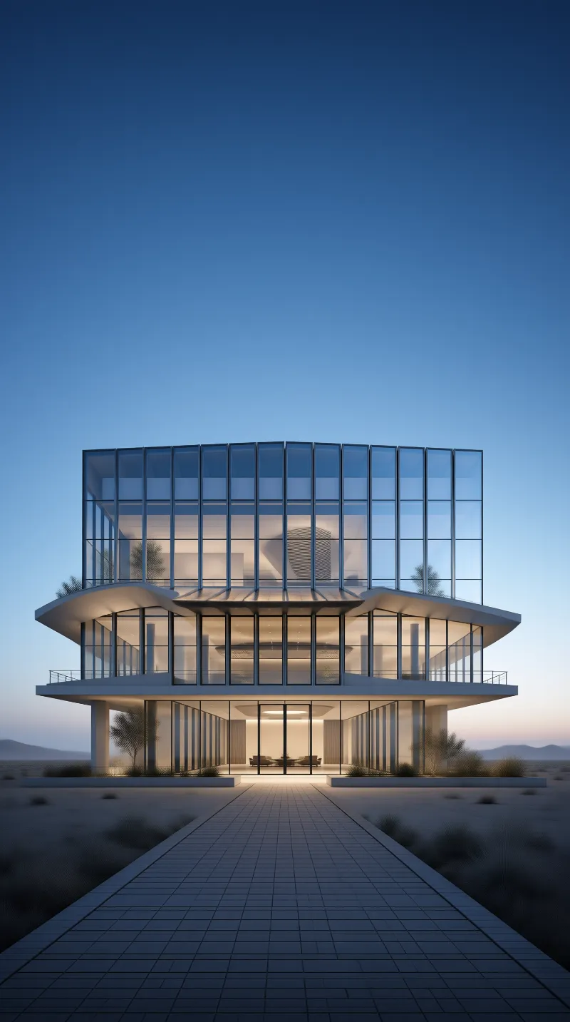 Glass House in Desert Dusk