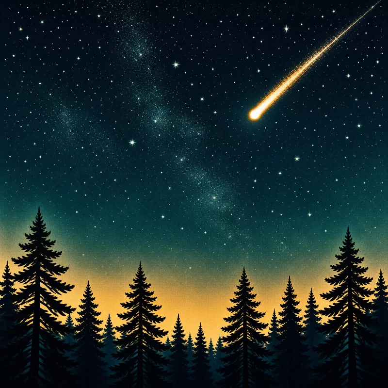 A bright meteor leaves a glowing trail across the deep blue night sky above dark pine tree silhouettes.
