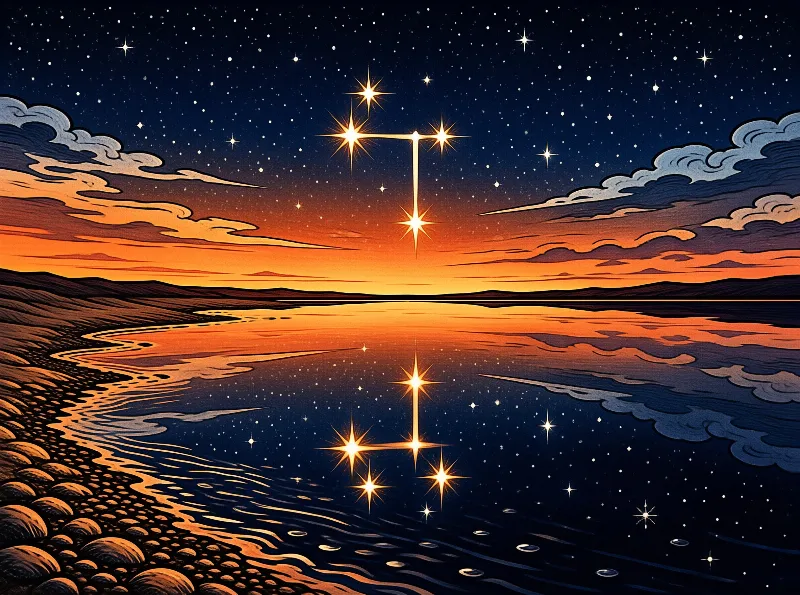 Glowing stars hang above a vivid sunset shoreline while their light trails across the calm water surface.