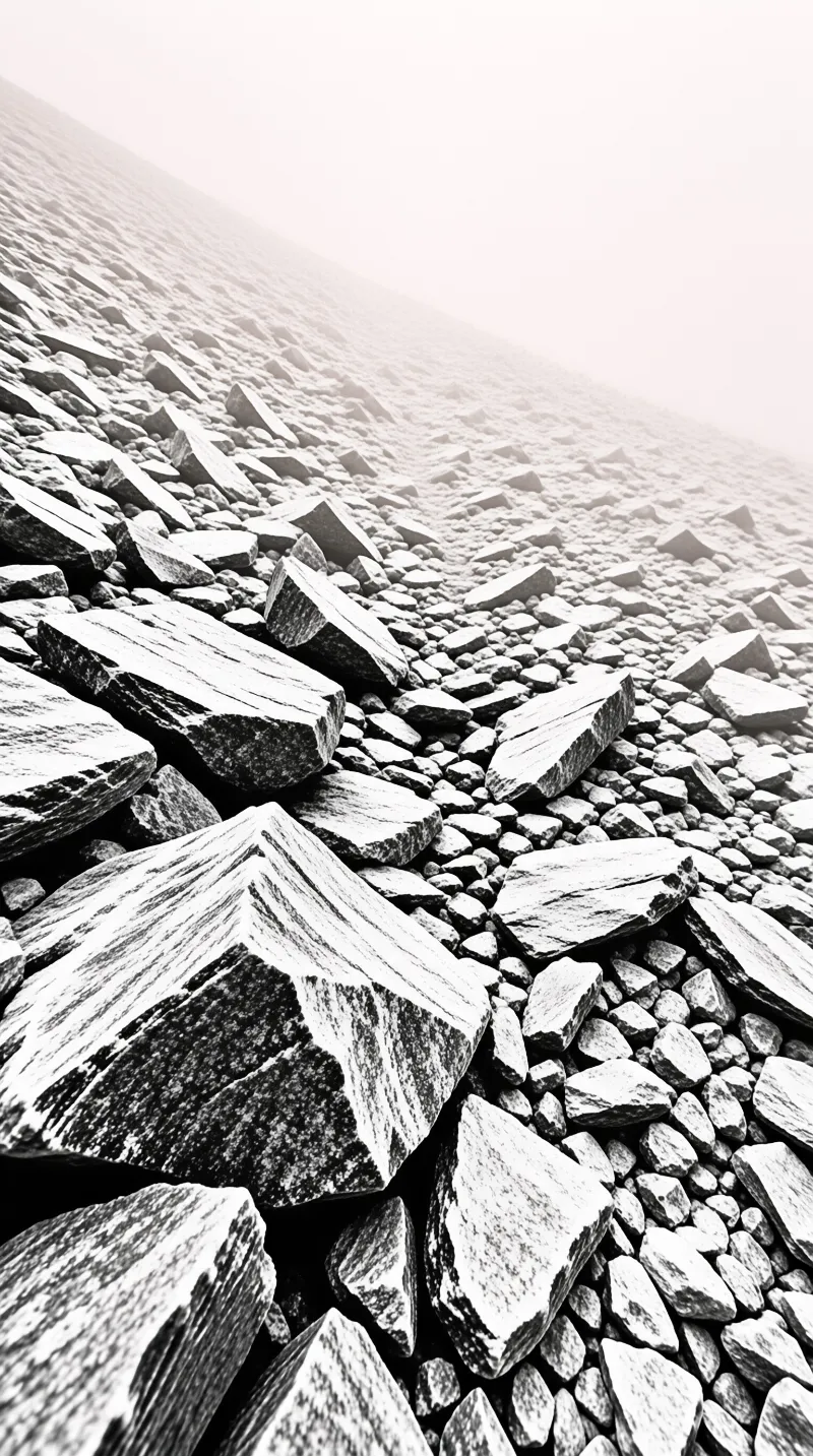 A steep mountainside piled with jagged stones and gravel disappears gradually into a bright fog at the top.