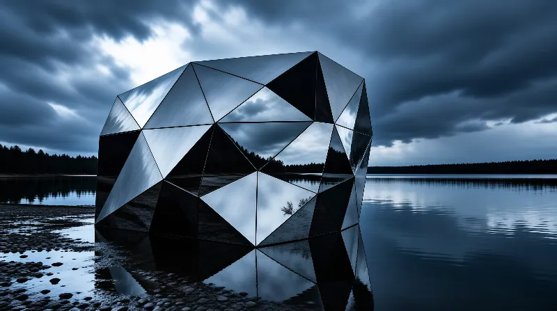 A large faceted metallic structure sits on a rocky beach beside a calm lake reflecting a stormy sky.