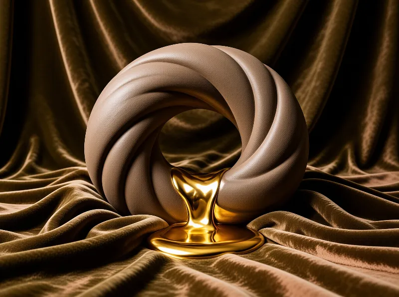 A matte twisted torus ring rests on draped olive velvet, bright golden liquid drips from its inner gap to pool below.