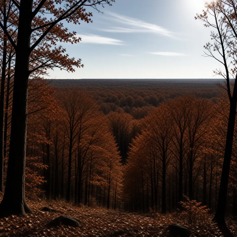 A vast forest of orange trees stretches toward the horizon under a bright blue sky.