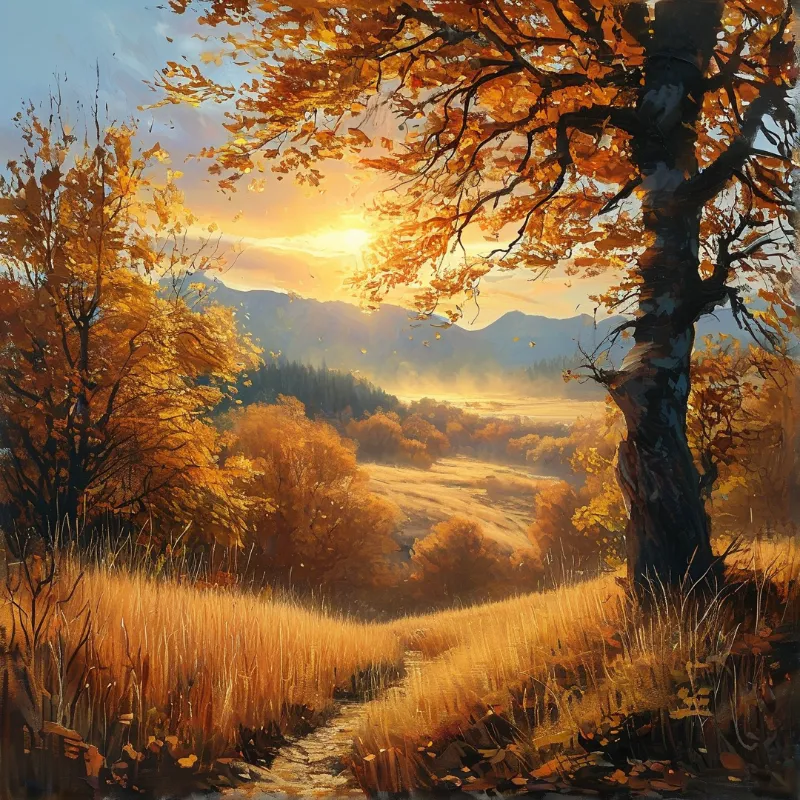 A winding dirt path leads through golden grass past a large tree toward a sunlit valley and distant mountains