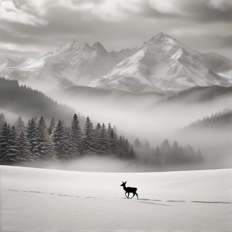 A lone deer walks across an open snowfield toward frosted pines and misty peaks.