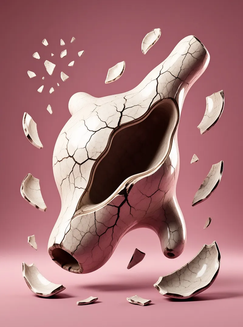 A cracked white object breaks apart while suspended in mid-air against a uniform rose pink background with soft lighting.