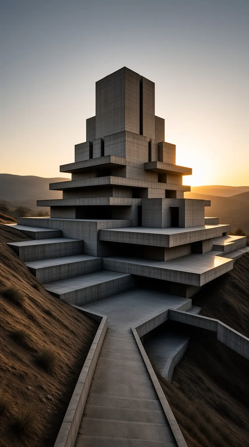 A massive multi tiered concrete structure rises from a grassy slope while the sun sets behind distant mountains casting warm light on the geometric forms.