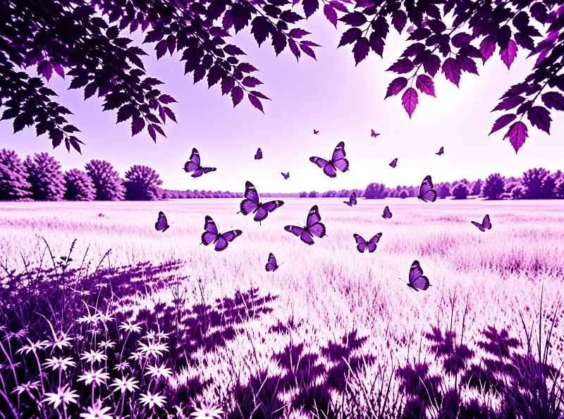 Purple butterflies fly across a grassy meadow framed by leaves under a monochromatic violet lighting scheme.