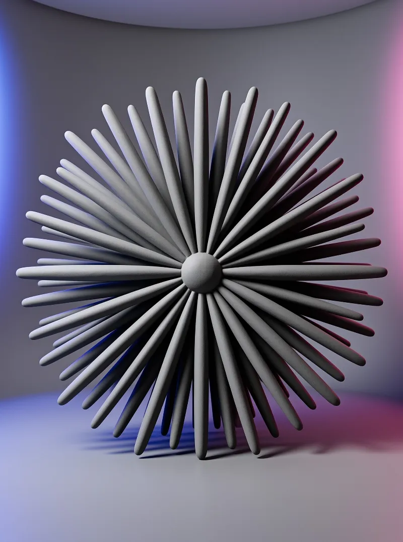 A matte grey sculpture bristling with rounded spikes stands in a studio glowing with blue and pink edge light.