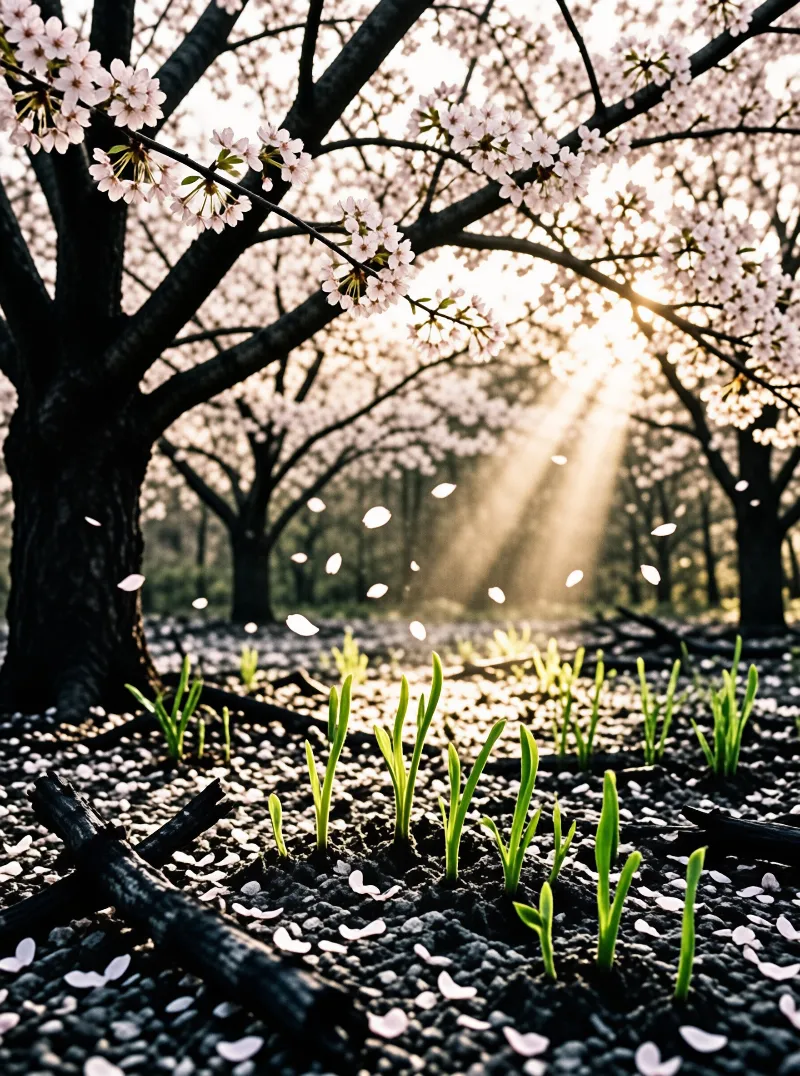 A sunlit grove features blooming cherry branches above dark earth where vibrant green sprouts emerge near falling petals.