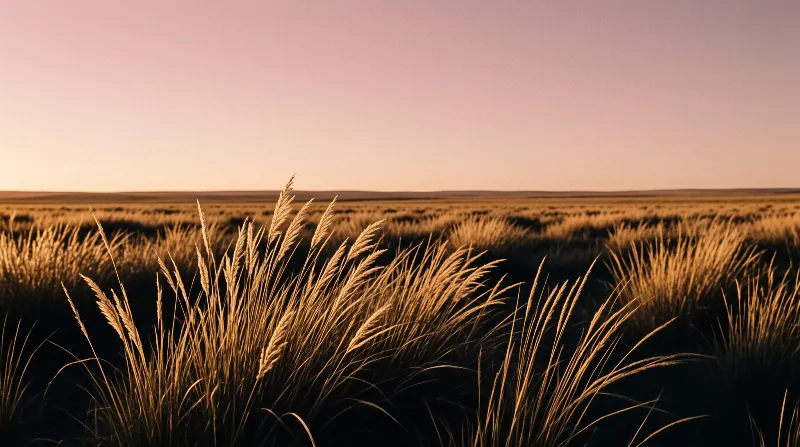 Clumps of dry grass occupy the front of a vast plain beneath a sky that fades from orange to purple.