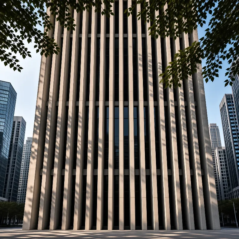 A massive beige building with prominent vertical pilasters dominates the view while green foliage frames the upper corners.