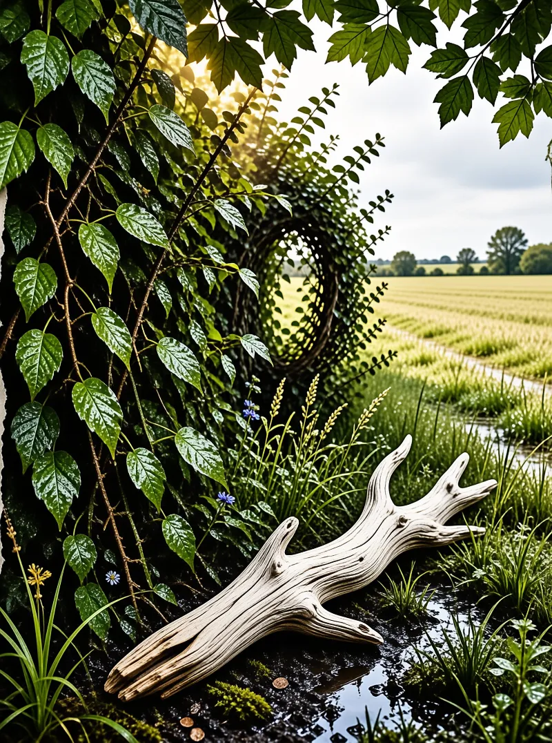 A weathered driftwood piece rests in a lush garden near a vine-covered wall while sunlight filters through leaves onto a distant green field and trees.