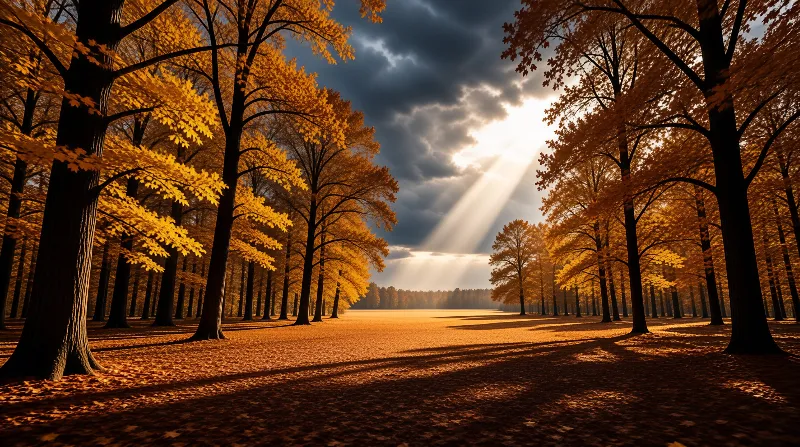 A pathway through autumn woodland where sunlight cuts through dark clouds to illuminate golden foliage and leafy ground.
