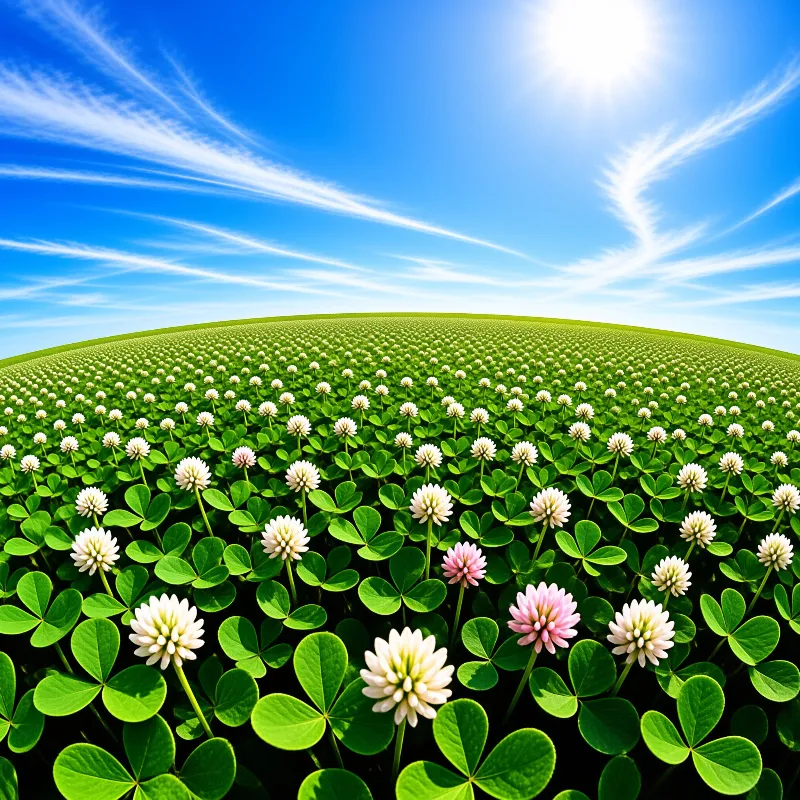 A vast field of green clover with white and pink flowers stretching to the horizon beneath a bright blue sky
