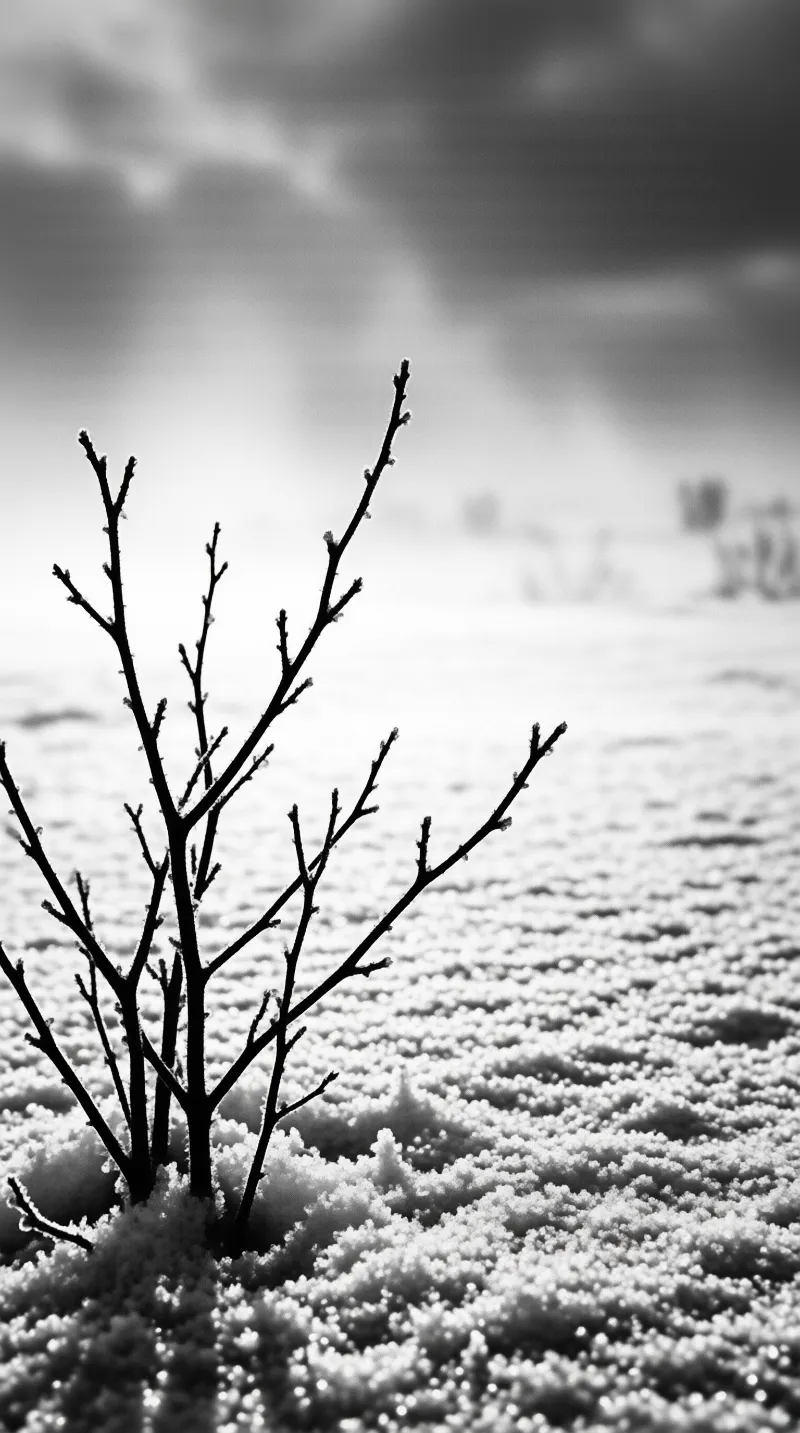 A few slender twigs rise from granular white snow while a soft grey cloud field blurs behind them.