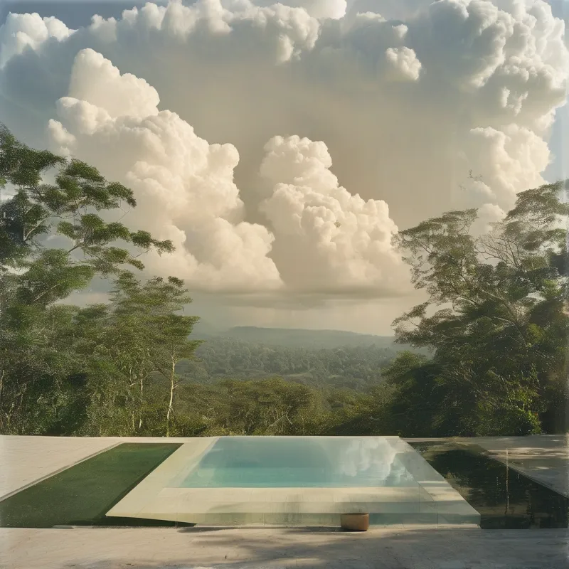 A rectangular swimming pool overlooks a vast green valley beneath a sky filled with massive white cumulus clouds.