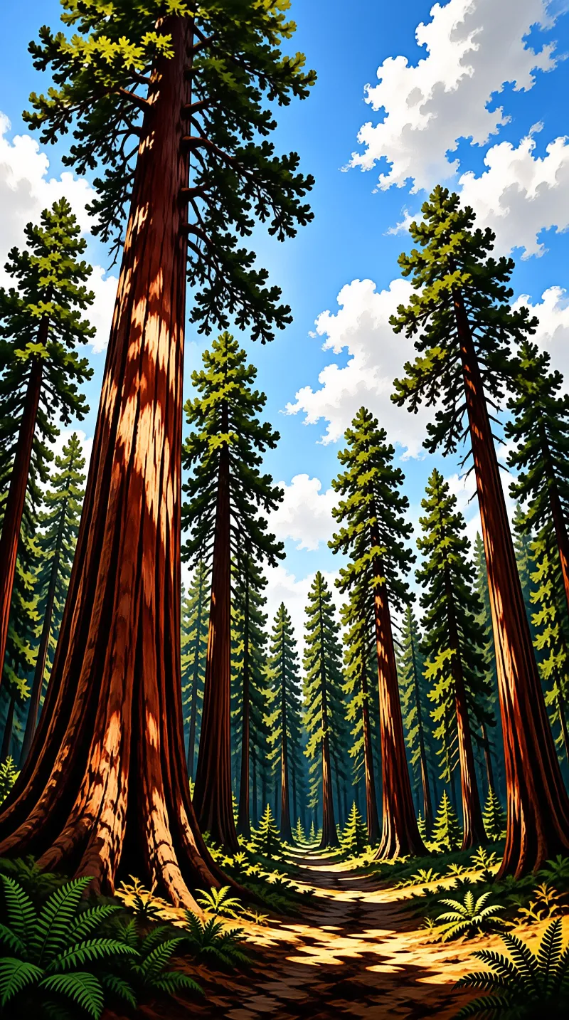 Sunlight illuminates the massive trunks of ancient redwoods lining a forest trail.