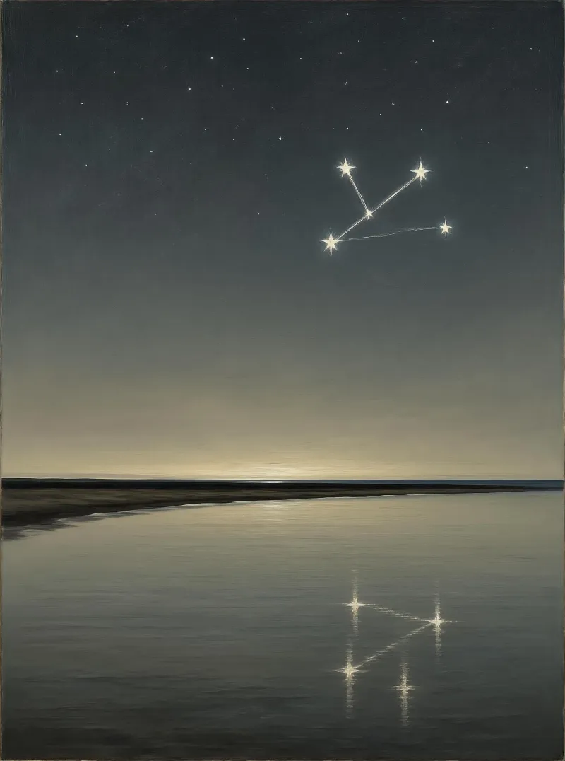 The image shows a constellation of five bright stars connected by lines in a dark night sky above a calm body of water, with the stars reflected clearly on the water's surface