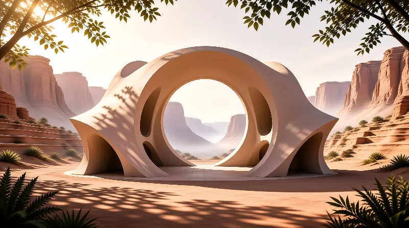 A smooth white architectural form with a central arch rests in a red desert canyon bathed in warm golden sunlight.