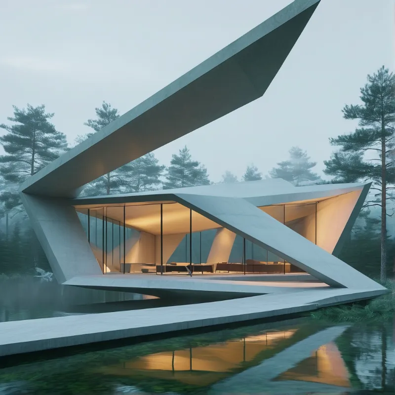 A sharp angled building with warm interior light sits beside a calm lake surrounded by foggy pine trees.