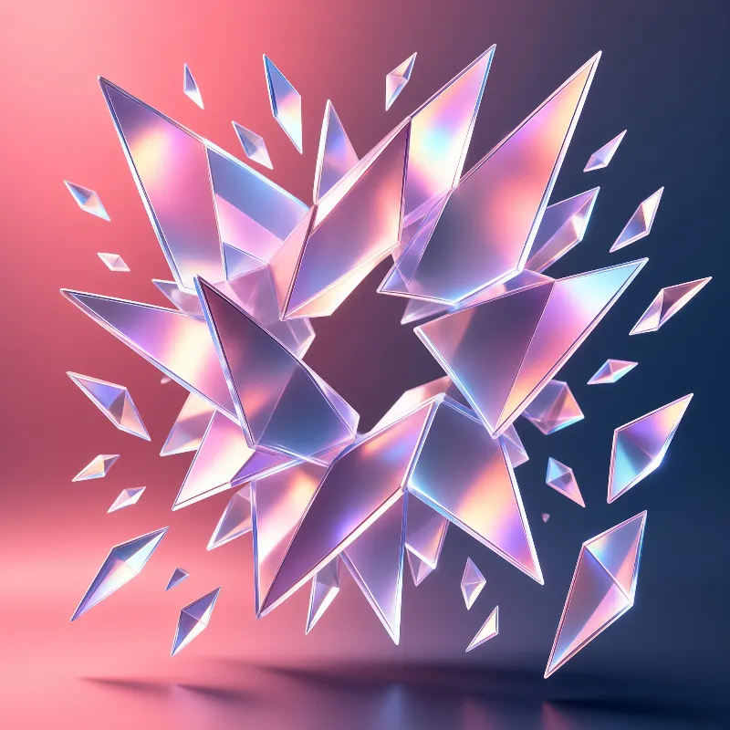 Sharp iridescent crystal fragments explode outward against a smooth gradient background transitioning from pink to deep blue.