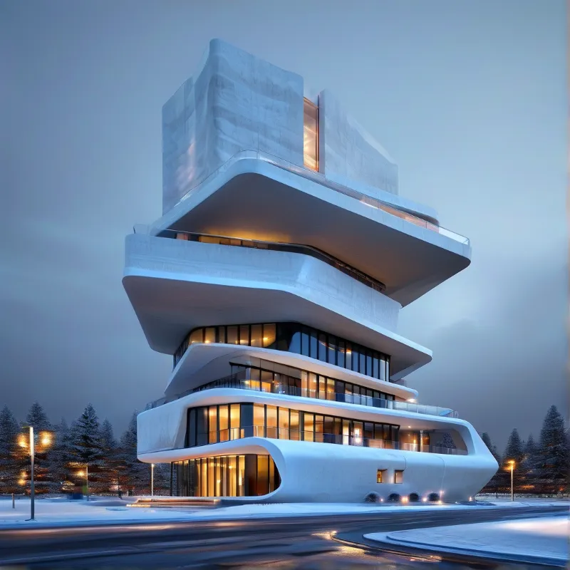 A futuristic concrete tower of stacked angular floors glows softly against a blue dusk sky.