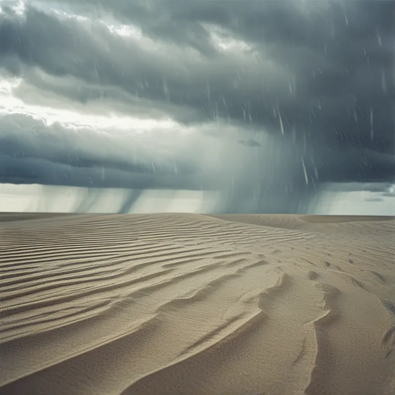 Rippled sand formations stretch toward a horizon where dark storm clouds release falling precipitation.