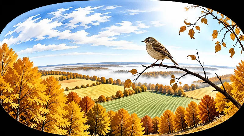 A small brown bird perches on a slender branch framing the right side, surveying a wide expanse of patchwork fields and golden trees shrouded in morning fog under a partly cloudy blue sky.