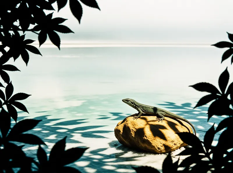 A slender green lizard rests on a sunlit tan boulder at the edge of pale turquoise water patterned with leaf shadows.
