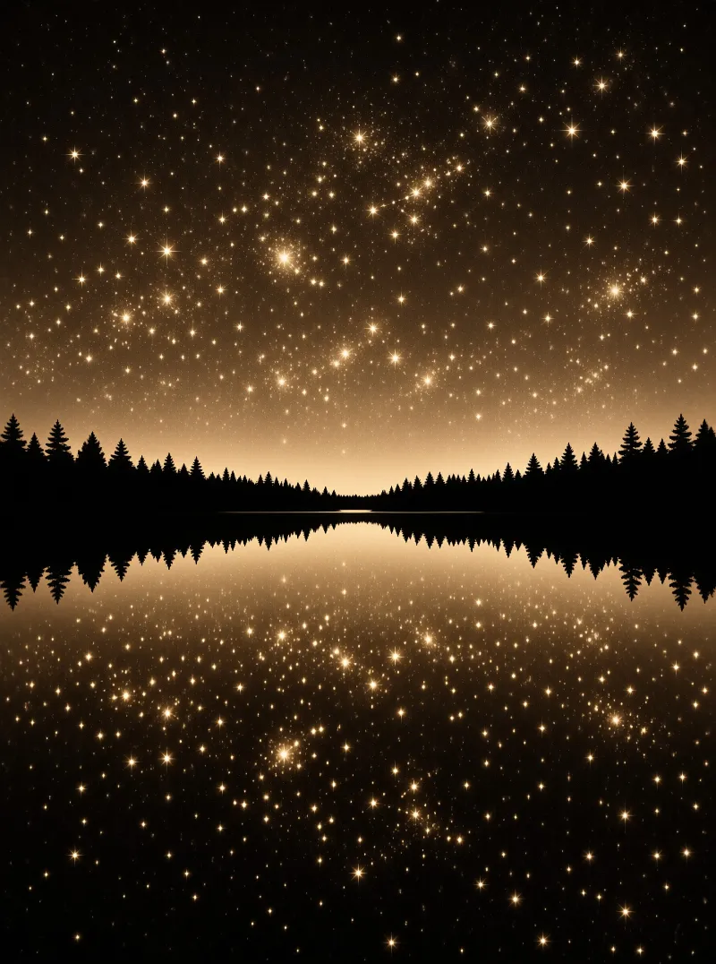 Dark evergreen trees line the horizon separating a bright celestial display from its mirror image in the still water.