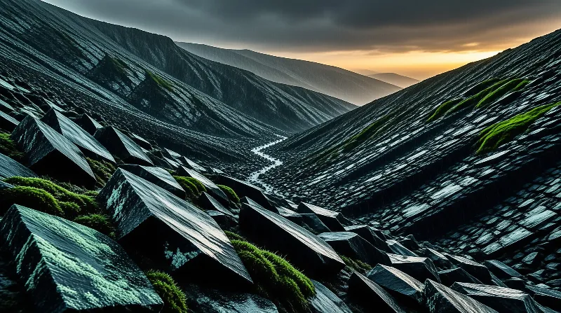 A winding stream cuts through dark wet rock formations while the sky glows orange at the horizon.