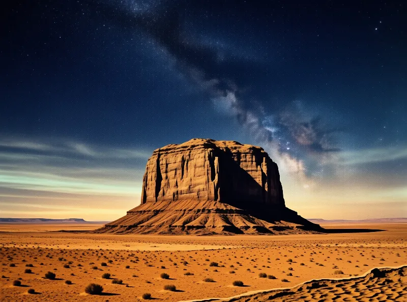 A massive sandstone formation dominates a dry landscape beneath a starry sky.