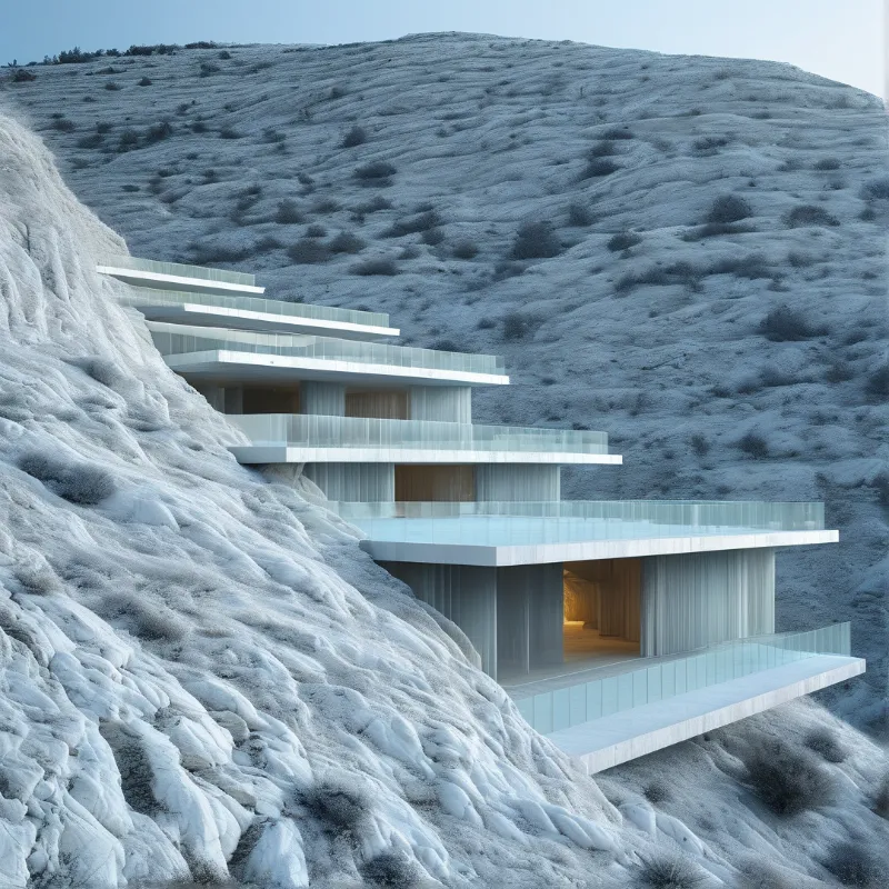 A modern multi level house with glass railings clings to a pale frost covered mountain slope in cool blue light
