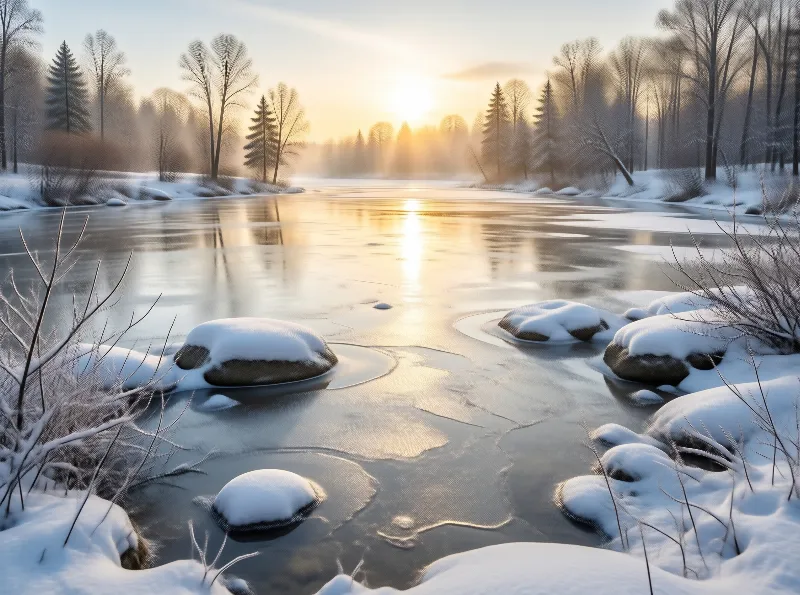 Winter River at Sunset