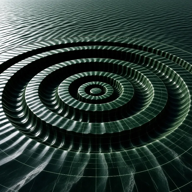 A dark green spiral structure featuring wavy concentric rings and shiny highlights on a smooth surface.