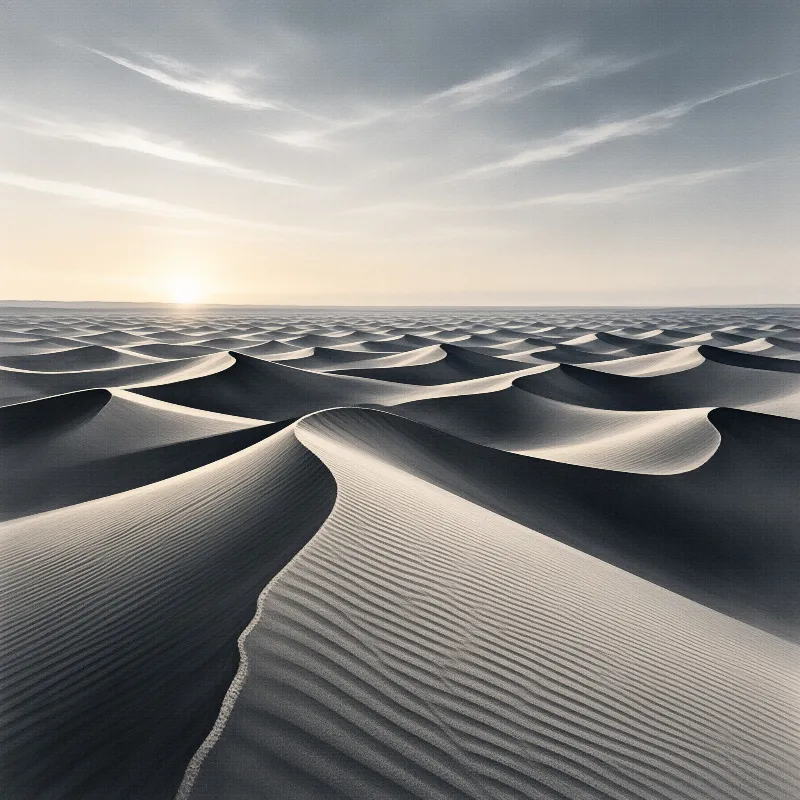Rippled desert dunes extend to the horizon beneath a cloudy sky with soft diffused light.