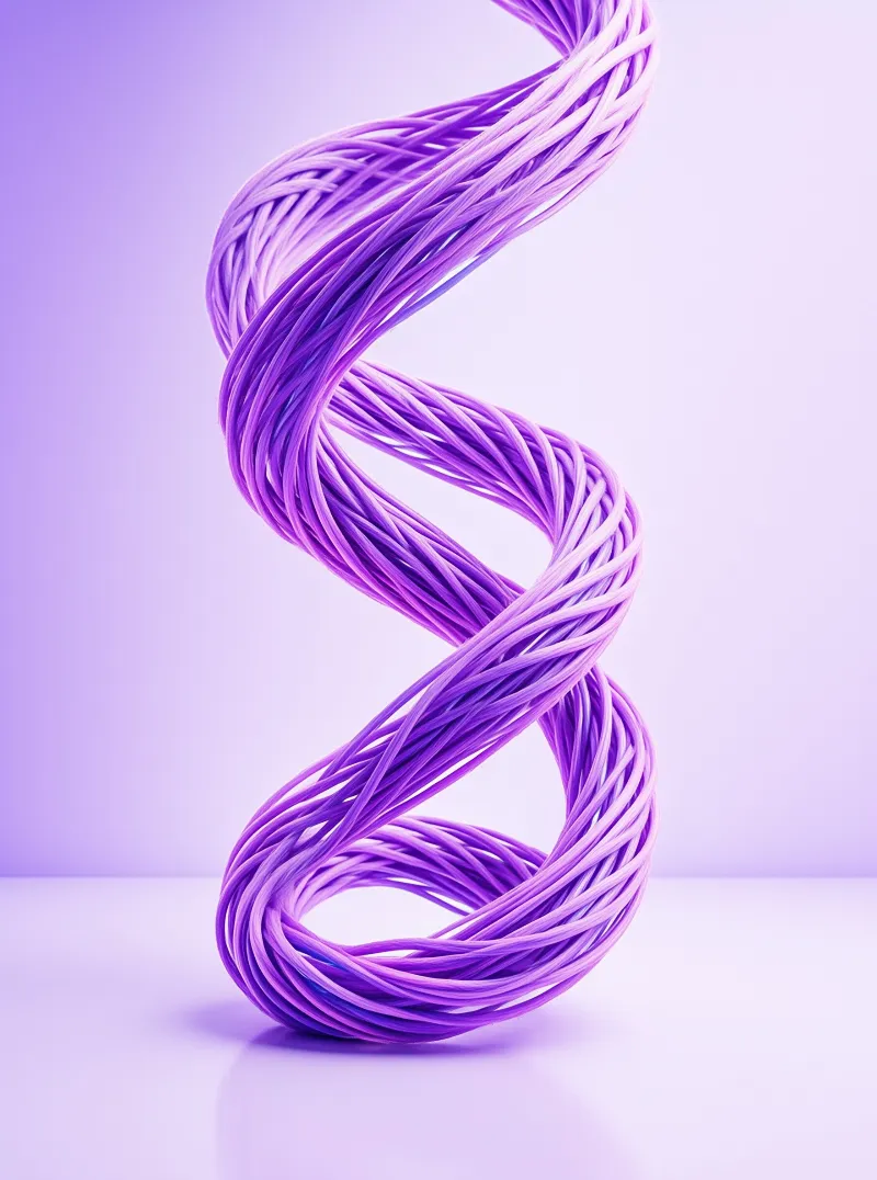 A twisted mass of purple strands forms a vertical helix shape standing against a smooth lavender backdrop with soft lighting.