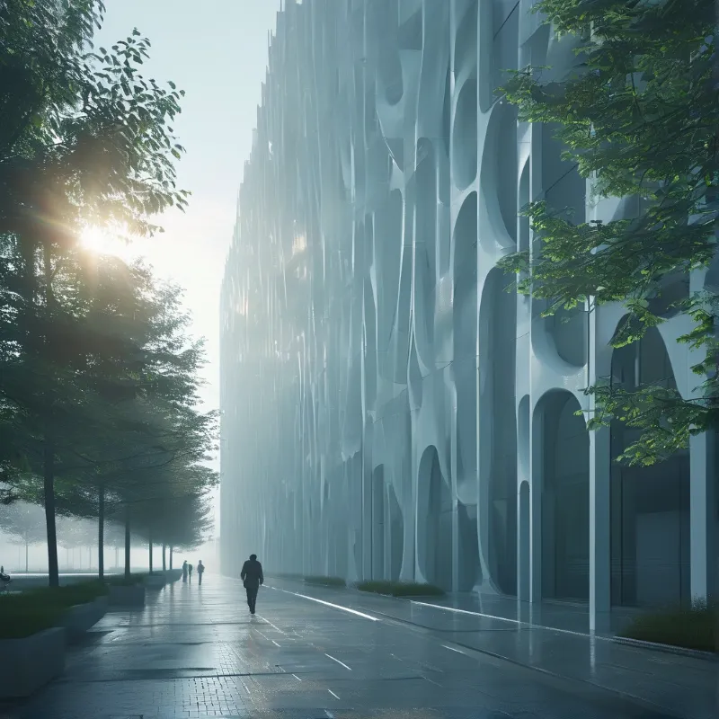 A white structure with organic curves lines a wet pathway while trees frame the left side under bright morning light.