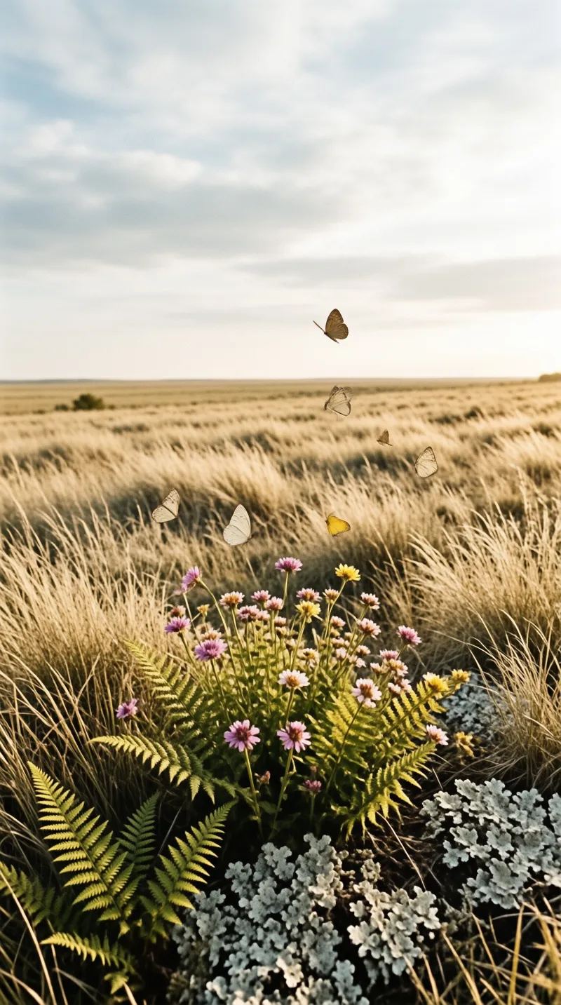 A small cluster of multicolored butterflies floats through the air over a wild prairie meadow blooming with pink wildflowers and green ferns.