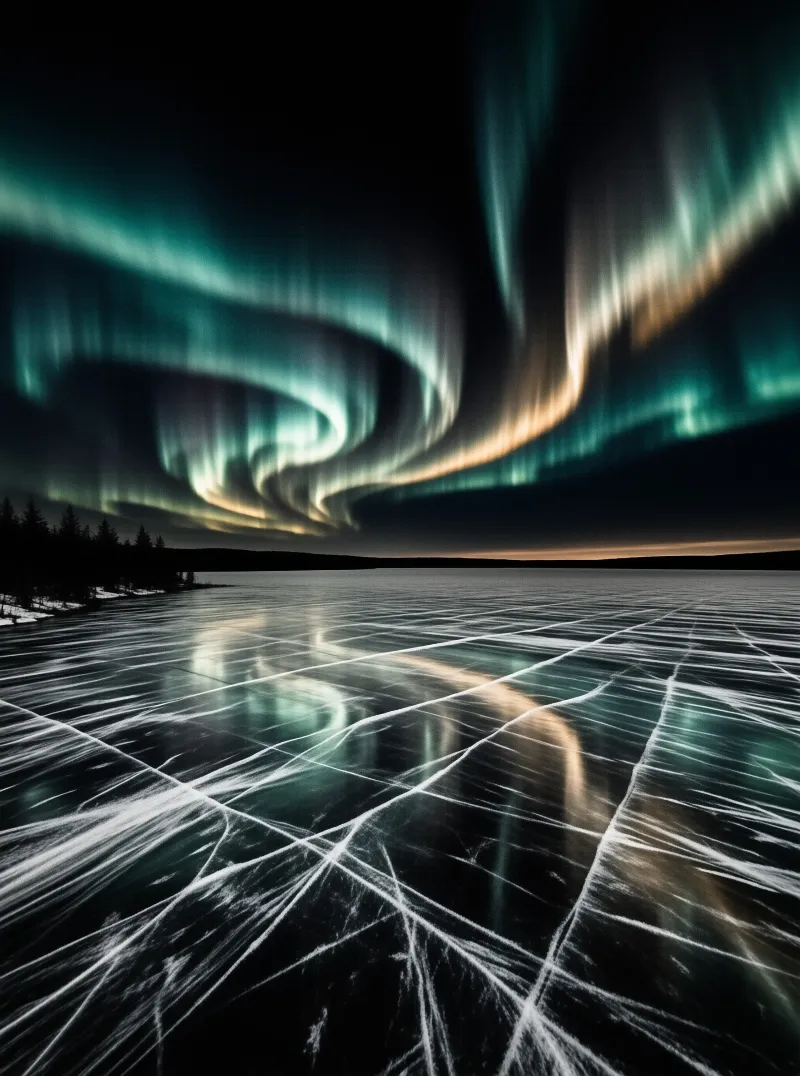Green aurora ribbons swirl across the night sky and reflect on the cracked surface of a frozen lake below.