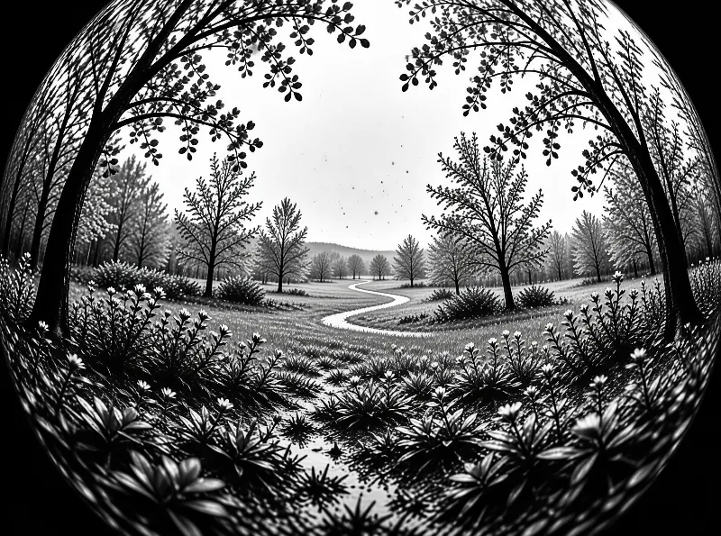 A monochrome circular panorama bends a quiet footpath between leafless trees and low flowering plants.