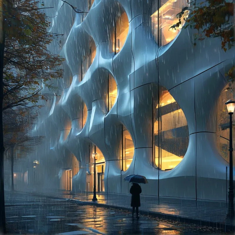 Futuristic Building in the Rain