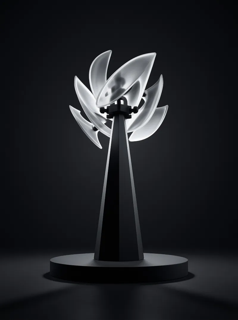 A stylized flower sculpture features translucent white petals rising from a black pedestal against a dark background.