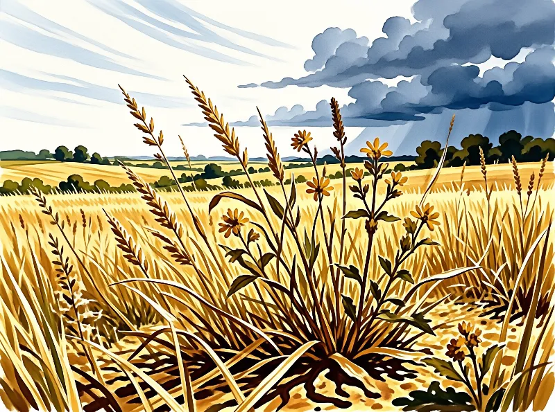 Yellow wildflowers grow in a golden wheat field beneath a dramatic sky featuring dark storm clouds and falling rain.