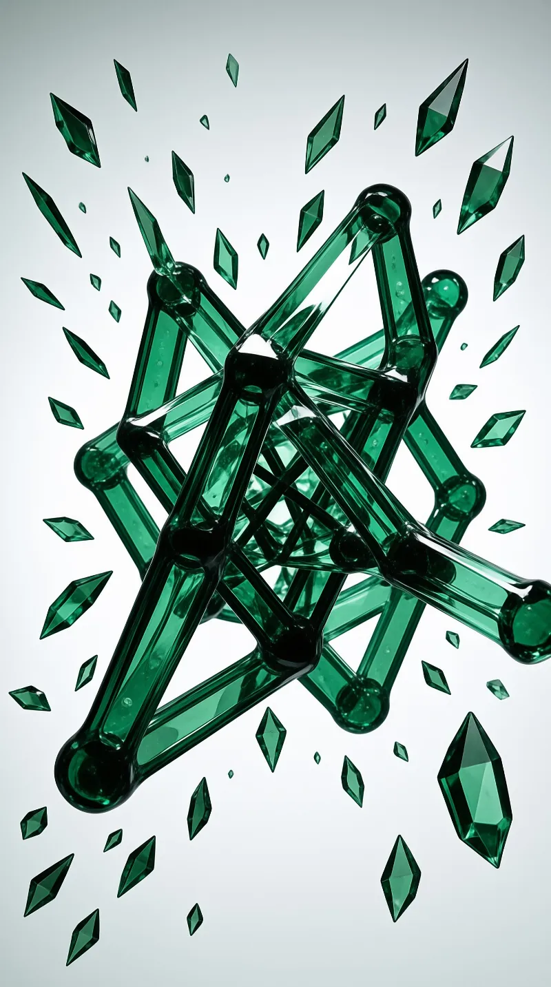 A complex green glass framework explodes outward into scattered shards suspended in a neutral white space.