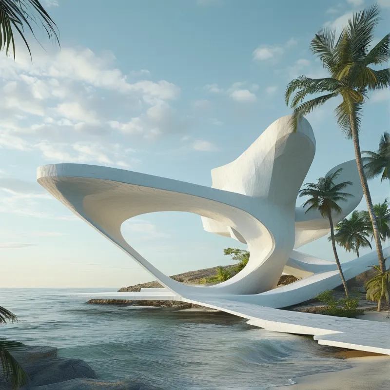 A surreal white flowing building with a large arch stands on a sandy shore next to palm trees under a bright blue sky.